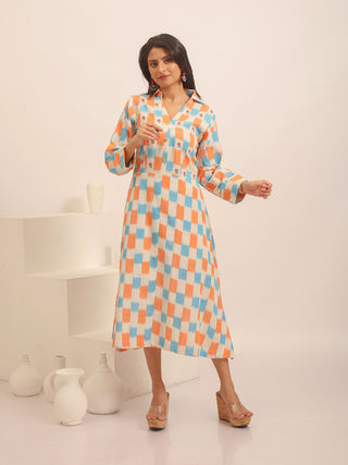 White, Blue & Orange Ikkat Cotton Dress with Minimal Floral Embroidery