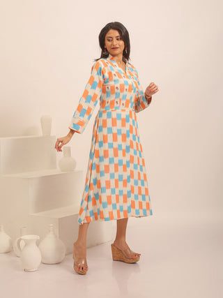 White, Blue & Orange Ikkat Cotton Dress with Minimal Floral Embroidery