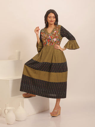 Olive Green & Black Andhra Handloom And Ikkat Cotton Combination Dress