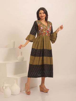 Olive Green & Black Andhra Handloom And Ikkat Cotton Combination Dress