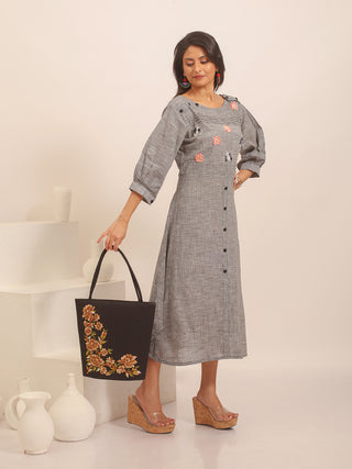Grey South Cotton Dress with Embroidered Yoke