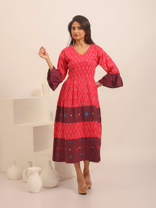 Crimson Red And Maroon Ikkat Handloom Cotton Dress with Embroidered Accents