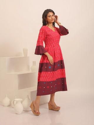Crimson Red And Maroon Ikkat Handloom Cotton Dress with Embroidered Accents