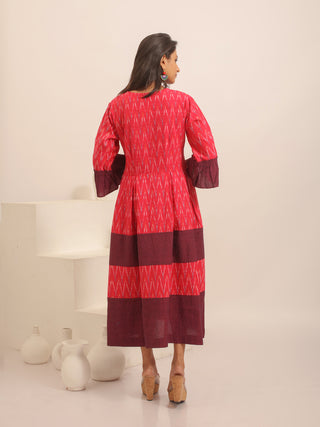 Crimson Red And Maroon Ikkat Handloom Cotton Dress with Embroidered Accents
