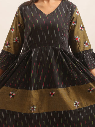 Black & Olive Ikkat Handloom Cotton Dress with Floral Embroidery