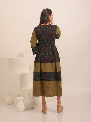 Black & Olive Ikkat Handloom Cotton Dress with Floral Embroidery