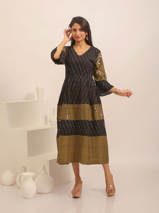 Black & Olive Ikkat Handloom Cotton Dress with Floral Embroidery