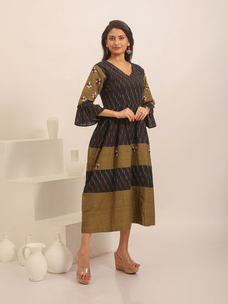 Black & Olive Ikkat Handloom Cotton Dress with Floral Embroidery