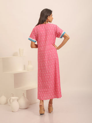 Blush Pink Ikkat Handloom Cotton Dress with Hand Embroidered Yoke
