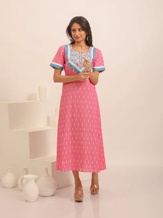 Blush Pink Ikkat Handloom Cotton Dress with Hand Embroidered Yoke