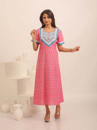 Blush Pink Ikkat Handloom Cotton Dress with Hand Embroidered Yoke