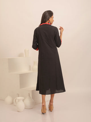 Black & Red Andhra Cotton Dress with Hand Embroidery