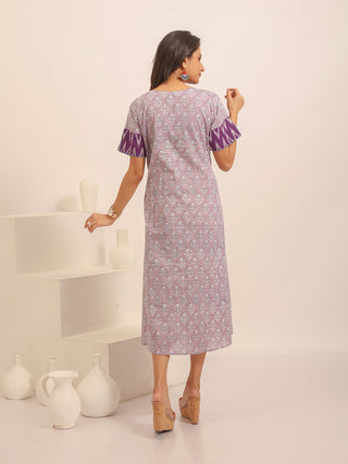 Lavender Sanganeri Cotton Dress with Ikkat Yoke & Kantha Embroidered Borders