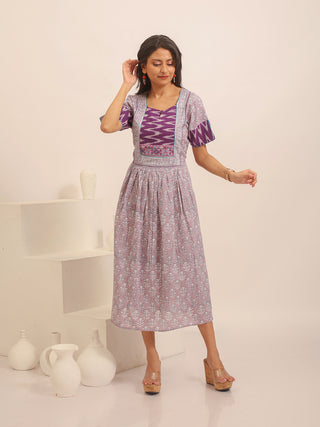 Lavender Sanganeri Cotton Dress with Ikkat Yoke & Kantha Embroidered Borders