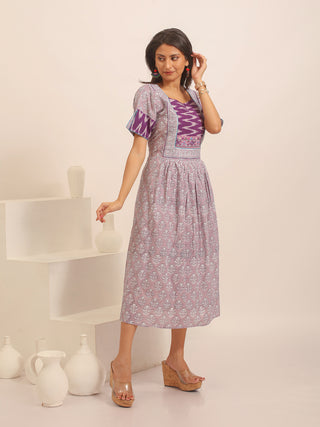 Lavender Sanganeri Cotton Dress with Ikkat Yoke & Kantha Embroidered Borders