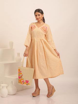 Sandal Colour South Cotton Dress with Hand Embroidery