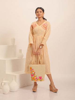Sandal Colour South Cotton Dress with Hand Embroidery