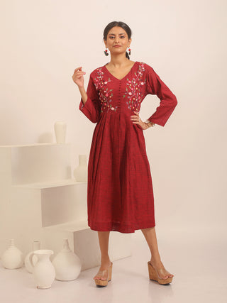 Burgundy South Cotton Dress with Floral Hand Embroidery