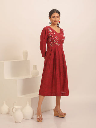 Burgundy South Cotton Dress with Floral Hand Embroidery