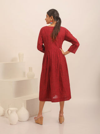 Burgundy South Cotton Dress with Floral Hand Embroidery