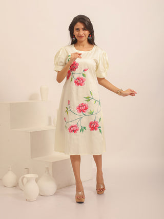 Ivory Hand-Painted Glazed Cotton Dress With Puff Sleeves