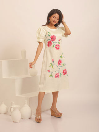Ivory Hand-Painted Glazed Cotton Dress With Puff Sleeves