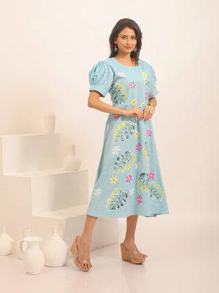 Sky Blue Andhra Handloom Cotton Dress with Hand-Painted Botanical Motifs