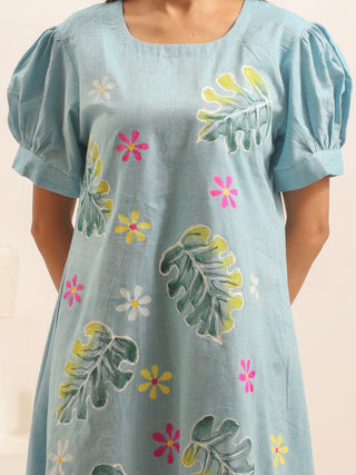 Sky Blue Andhra Handloom Cotton Dress with Hand-Painted Botanical Motifs