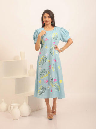 Sky Blue Andhra Handloom Cotton Dress with Hand-Painted Botanical Motifs