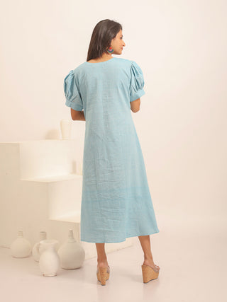 Sky Blue Andhra Handloom Cotton Dress with Hand-Painted Botanical Motifs