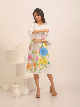 White Andhra Handloom Cotton Dress with Vibrant Floral Hand Painting