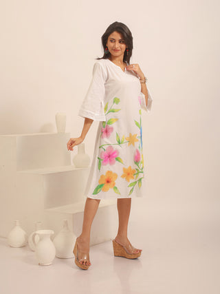 White Andhra Handloom Cotton Dress with Vibrant Floral Hand Painting