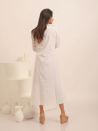 White Andhra Handloom Cotton Dress with Indigo Botanical Hand Painting