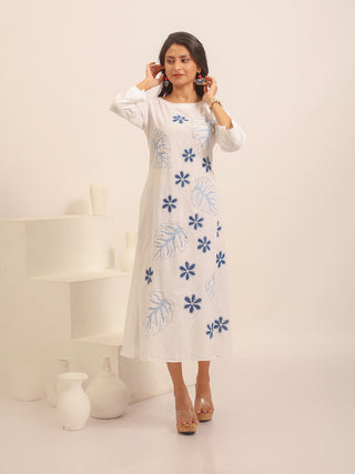 White Andhra Handloom Cotton Dress with Indigo Botanical Hand Painting
