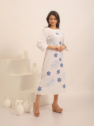 White Andhra Handloom Cotton Dress with Indigo Botanical Hand Painting