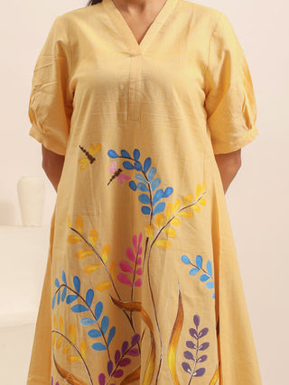 Sandal Colour Andhra Handloom Cotton Dress with Hand-Painted Botanical Design