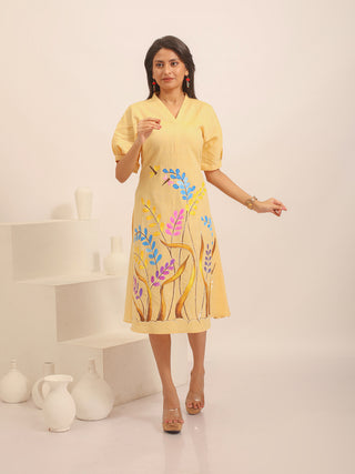 Sandal Colour Andhra Handloom Cotton Dress with Hand-Painted Botanical Design