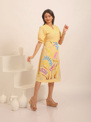 Sandal Colour Andhra Handloom Cotton Dress with Hand-Painted Botanical Design