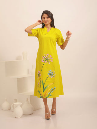 Lemon Yellow Cambric Cotton Dress with Hand-Painted Floral Artwork