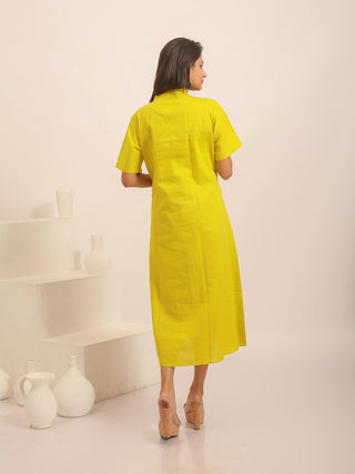 Lemon Yellow Cambric Cotton Dress with Hand-Painted Floral Artwork