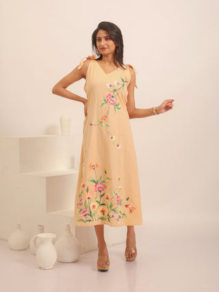 Sandal Andhra Handloom Cotton Dress with Hand-Painted Floral Vines