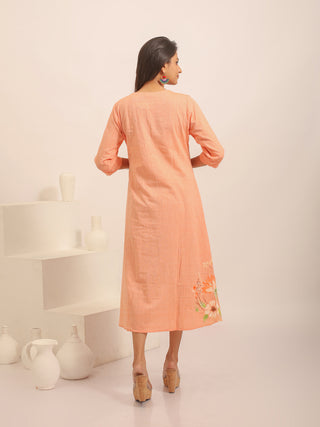 Peach Andhra Handloom Cotton Dress with Hand-Painted Blossom Design