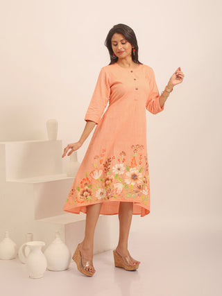 Peach Andhra Handloom Cotton Dress with Hand-Painted Blossom Design