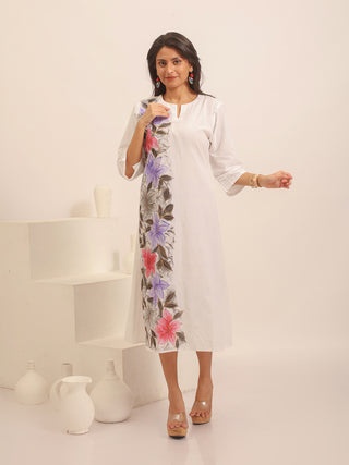 White Cotton Dress With Hand-Painted Floral Artwork