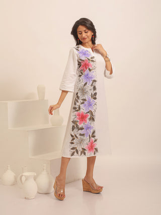 White Cotton Dress With Hand-Painted Floral Artwork