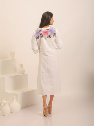 White Cotton Dress With Hand-Painted Floral Artwork