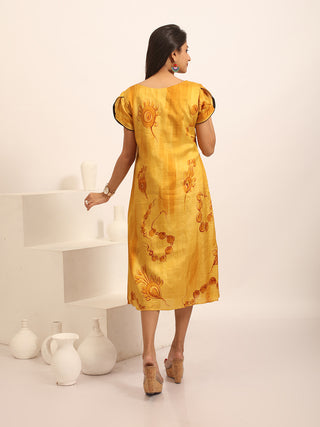 Golden Yellow Murshidabad Silk Dress with Hand Painting