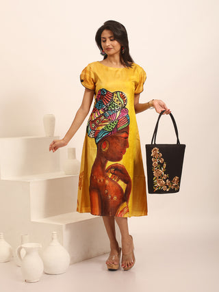 Golden Yellow Murshidabad Silk Dress with Hand Painting