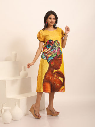 Golden Yellow Murshidabad Silk Dress with Hand Painting