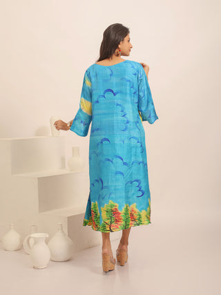 Sky Blue Murshidabad Silk Dress with Hand Painting Of Village Women